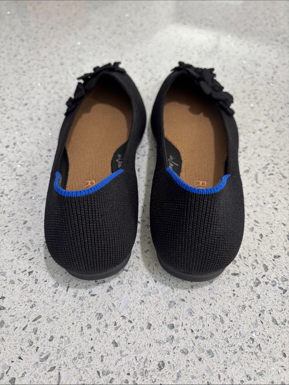 Rothy's Black Pointed Knit Floral-Embellished Flats with Blue Trim - Picture 3 of 6